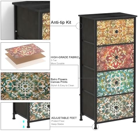 GiftGo Retro Dresser with Fabric Drawers Boho Mandala Flower Chest of Drawers Narrow Storage Tower for Small Spaces Gaps Bedroom Beautiful Nightstand Living Room Table (Mandala, 4 Drawers)