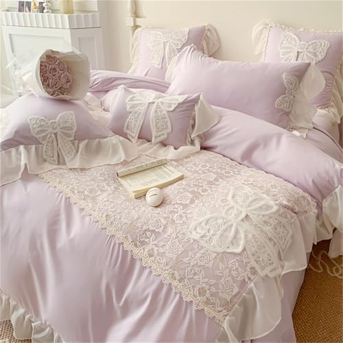 Duvet Cover Queen Size,Chic Lace 3 Pieces Comforter Cover with Bowknot Bow Tie (1 Duvet Cover 90x90 Inch, 2 Pillowcases) Soft Washed Microfiber Ruffled Bedding Set,Aesthetic bedding-Purple,Queen Size