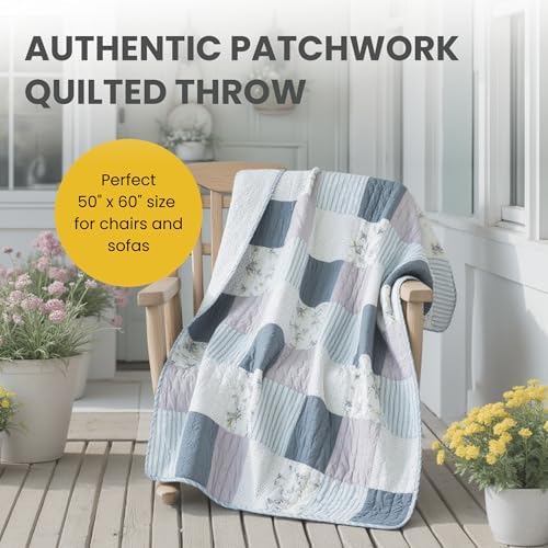 SLPR - Cotton Quilted Throw Blanket, 50" x 60" Blue Floral, Coastal Dream