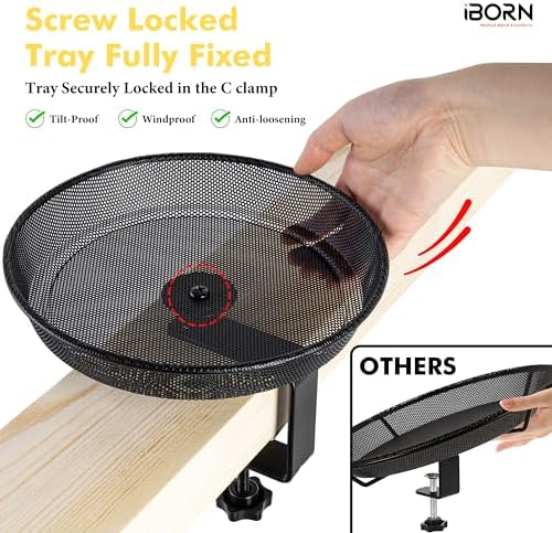 iBorn Deck Bird Feeders for Outdoors,Platform Bird Seed Tray with 1.4 lbs Capacity,Balcony Porch Railing Bird Feeder, Drainage Mesh Holes,Tilt-Proof, Windproof, Anti-Loosen, Easy to Refill&Clean,Black