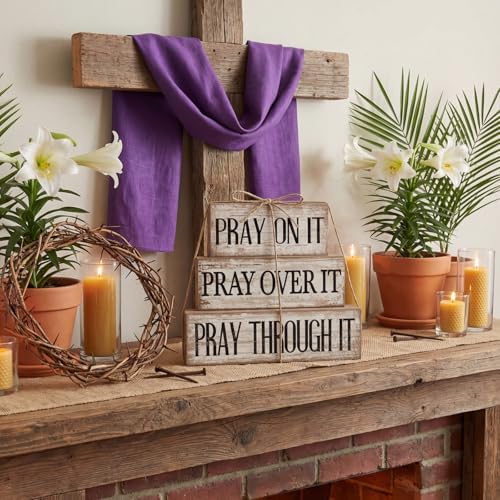 Yuntau 4 Pcs Christian Wooden Block Sign Pray Verse Tiered Tray Decor