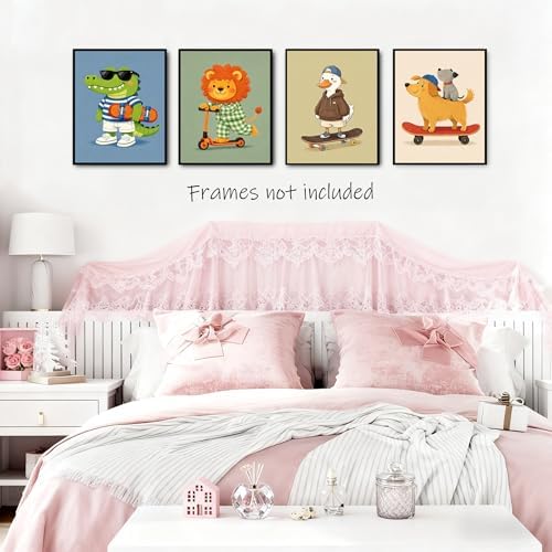 Noaleviax Cute Animals Posters Set - Toddler Baby Boy Room Decor, Crocodile Lion Duck Dog Pictures Wall Art for Kids Nursery Bedroom Playroom Decor, 8x10 Unframed, Set of 4