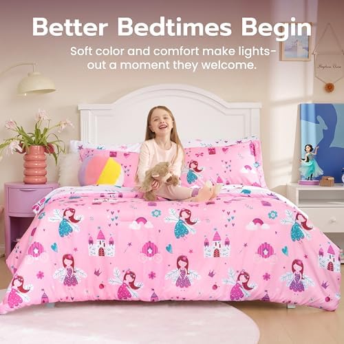 Joiedomi Kids Comforter Set Bedding Set for Boys Girls Super Soft Microfiber Bed in a Bag with Comforter Sheets Pillowcase Sham, Pink Princess, Full