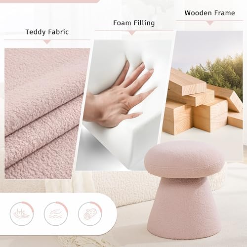 Cute Mushroom Ottoman Stool, Teddy Fleece 360° Swivel Vanity Stool