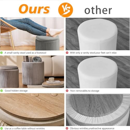 BLEXA Set of 2 Round Storage Ottoman Light Grey Velvet Ottoman with Storage