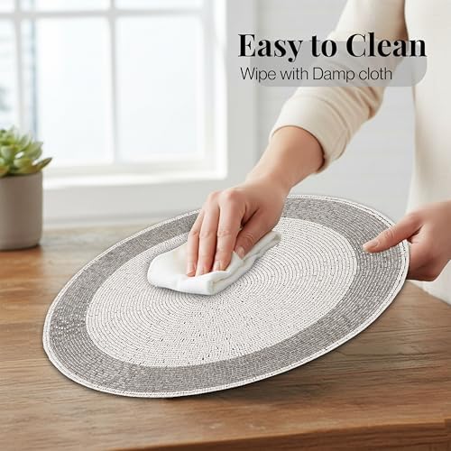ALPHA Living HOME Beaded Placemats Set of 4 13 Inch Silver White Round Mats