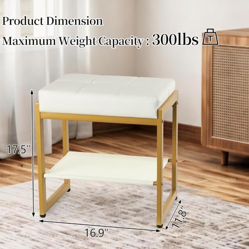 White Gold Vanity Stool, Vanity Chair Stools with a Lower Storage Shelf, Faux Leather Upholstered Ottoman Bench for Bedroom, Living Room, Modern Metal Legs Makeup Chairs