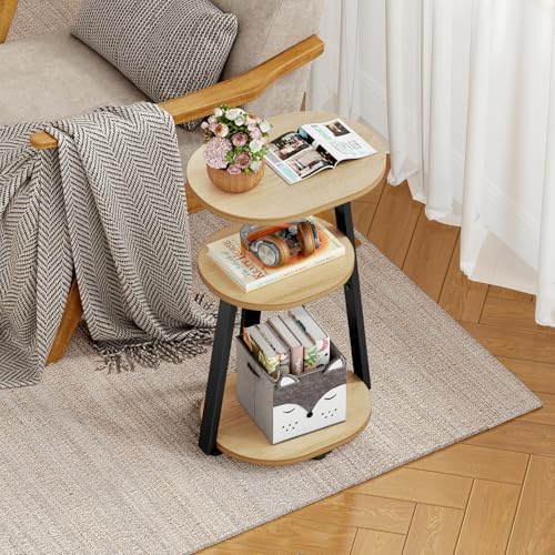 Kalrin Side Table, Small End Table with Metal Frame, 3-Tier Bedside Tables, Round Side Tables for Living Room Bedroom Couch Bathroom, Oval, Modern Oak