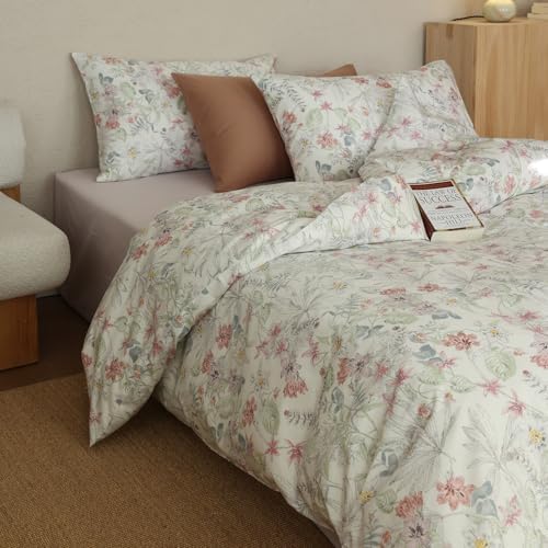 HighBuy Garden Duvet Cover Queen Floral Bedding Set Shabby Chic Boho Cotton Duvet Cover Queen Size Comforter Cover Set for Women Girls,Vintage Pink Floral,Soft and Breathable