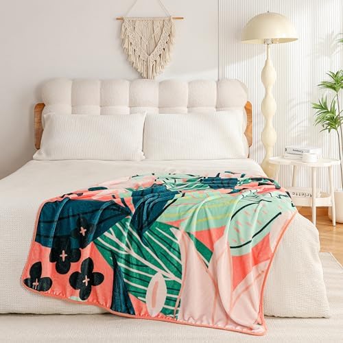 Tyrot Boho Floral Flannel Fleece Queen Blanket – Soft, Warm & Lightweight Fuzzy Blanket for Couch, Bed, or Sofa Decor, Cute Botanical Design Throw for Women & Girls, 90''x90', Coral