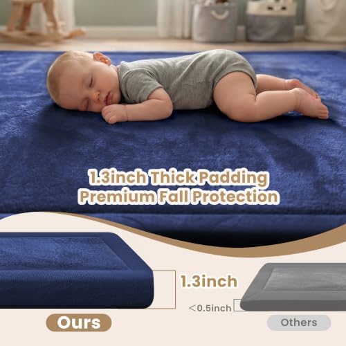 ACOMOPACK Baby Play Mat for Floor 1.3" Thick Memory Foam Play Mat 79"×118" Tummy Time Crawling with Non-slip Bottom for Living Room,Nursery,Soft Velvet Playpen Mats for Kids,Infants（Royal Blue）