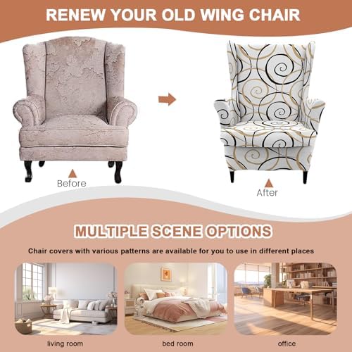 HAOYONG 2 Piece Wingback Chair Covers Stretch Wing Chair Slipcover Printed Wing Back Chair Covers with Arms Washable Spandex Fabric Armchair Cover Protection Furniture for Living Room and Bedroom