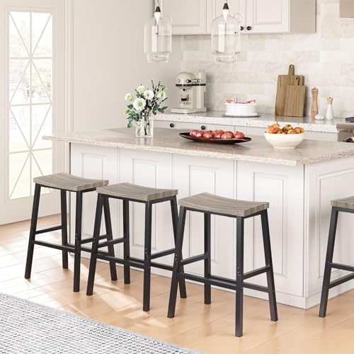HOOBRO Bar Stools, Set of 2 Chairs, 23.6 Inch Saddle Kitchen Counter Stools With Footrests, Industrial for Dining Room, Kitchen, Counter, Bar, Greige and Black BG02MD01