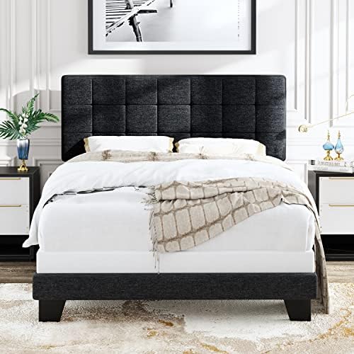 Allewie Queen Size Panel Bed Frame Box Spring Needed Dark Grey