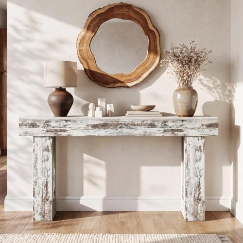LITTLE TREE 63-Inch Long Console Tables for Entryway, Large Sofa Table Behind Couch, Wooden Entry Foyer Hallway Table, Modern Console Sofa Tables for Living Room, Distressed White