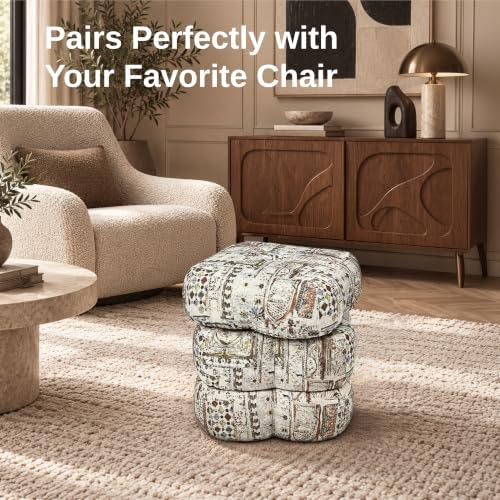 Get Set Style 360° Swivel Flower Ottoman, Vintages Vanity Stool Footrest with 300LBS Capacity, No Assembly Small Space Accent Chair for Living Room Bedroom Entryway (Neutral Vintage Mosaic)