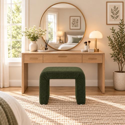 Modern Boucle Ottoman Footstool, 24" Arched Accent Stool with Soft Upholstered Seat, Small Vanity Stool Chair for Bedroom, Living Room, Entryway, Fully Assembled, Dark Green