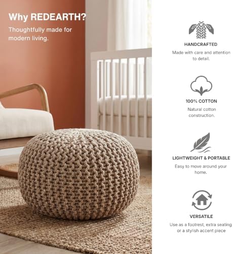 · REDEARTH · Round Pouf Ottoman - Hand Knitted Boho Poof - Beige Ivory