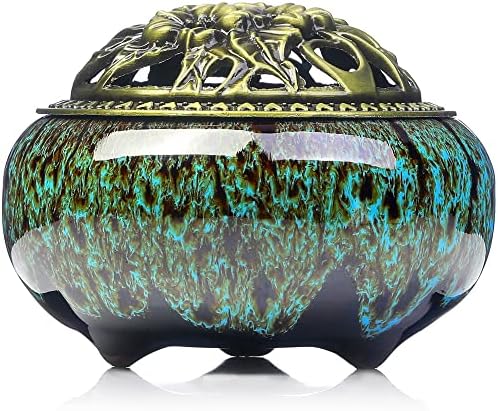 Incense Burner with Calabash Incense Stick Holder - Porcelain Charcoal Censer for Use with Resin Granular Powder Cone or Coil Incense (Kiln-Colored Blue)