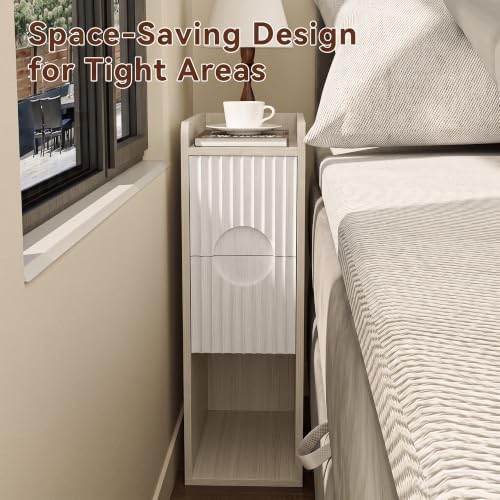 Narrow Nightstand Set of 2, Wood 2 Drawer Narrow Nightstand, Skinny Night Stand with Open Storage, Mid Century Modern Slim Bedside Table for Bedroom, White Grey Oak