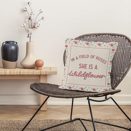 Girl Wildflower Nursery Throw Pillow Cover 18x18, in a Field of Roses She is a Wildflower Decorative Pillow Covers for Kids Girl Nursery Room Bedroom, Floral Accent Pillows Cover Pillowcases