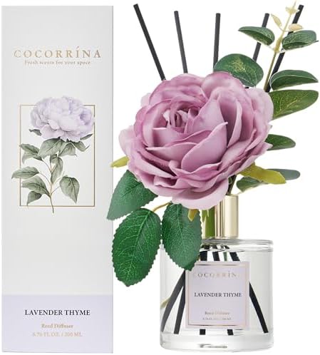 Cocorrína Flower Reed Diffuser - Lavender Thyme 6.7oz Scented Diffuser with Sticks Home Fragrance Essential Oil for Bathroom Shelf Decor (Artificial Flower)