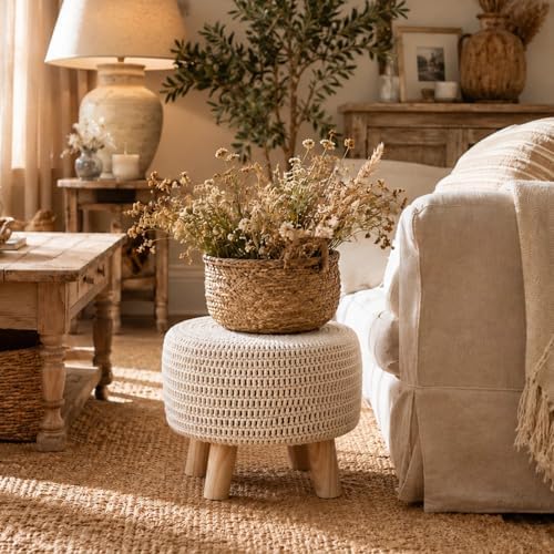 13" Round Handmade Cotton Knitted Boho Small Ottoman with Non-Skid Wood Leg
