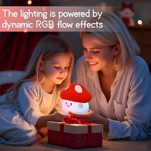 Color Changing Mushroom Night Light for Kids, Cute Squishy Silicone Mushroom Lamp, 50-Hour Rechargeable Bedside Light with Tap Control, 2 Brightness Levels, Timer, Room Decor Gift