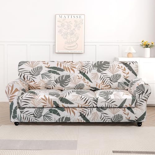 SearchI Stretch Sofa Cover Printed Couch Cover, Floral Pattern 4 Pieces Sofa Slipcover with 3 Separate Cushion Cover, Washable Furniture Protector for Living Room(Sofa, Botanical Palm)