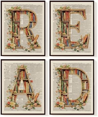 SkyCozy Book Poster Vintage Wall Decor, Retro Classroom Decor 4 Pcs 8x10