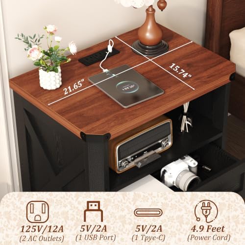 Yusong 23.62" Tall Farmhouse Nightstand, Rustic Wooden Night Stand with Charging Station, Beside Table with Drawers and Open Storage, End Tables for Bedroom, Black