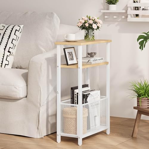 MMEOLUOOK Narrow Side Table with Storage Basket Skinny End Tables for Smalls Spaces 3 Tier Sofa Table Small Nightstand Slim Bedside Table for Living Room Bedroom Natural Wood MLBZ22Y