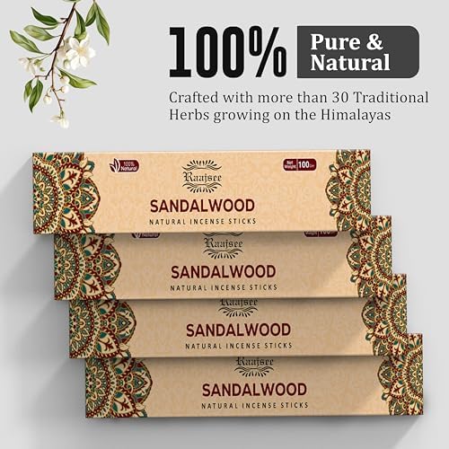 Raajsee Sandalwood Incense Sticks (180 gm), 100% Pure Organic Natural Hand Rolled Free from Chemicals - Sandalwood Incense Perfect for Aromatherapy, Cleansing, Meditation, and Church (Pack of 12)