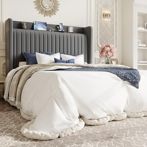 SHA CERLIN Queen Size Velvet Bed Frame with Shelf, Charging Station, Grey