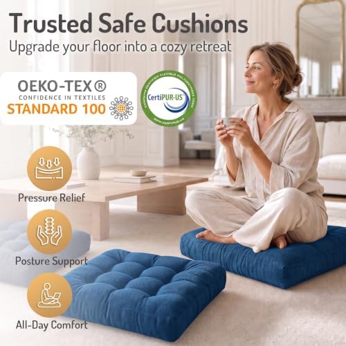 Large Floor Pillow for Adults, Square Meditation Cushion, 22 Inch Navy