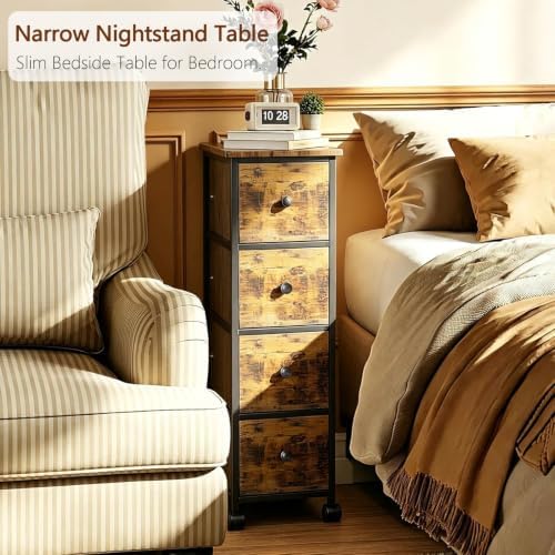 Narrow Nightstand with 4 Drawers, Slim Bedside Table for Small Space