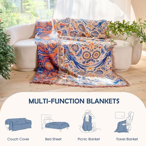 Boho Throw Blanket - 100% Cotton 50"x60" Cozy Blanket for Bed Women