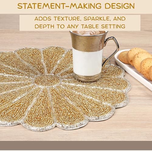 ALPHA Living HOME 2-Pack Round Placemats, Glass Beads, Gold Silver, 13 Inch