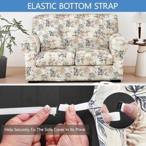 Stretch Printed Sofa Cover Couch Covers, 4-PieceLoveseat Slipcovers with 2 Separate Cushion Cover & 1 Pillow Case, Washable Soft Spandex Furniture Protector for Living Room(Loveseat, Flower)