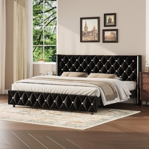 HOMBCK King Bed Frame with Velvet Headboard, Silverside Wingback, Black
