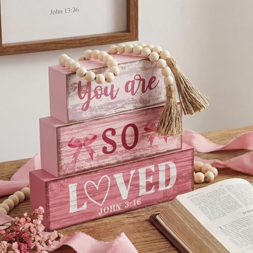 Yuntau 4 Pcs Pink Christian Table Decor Wooden Bow Decor Blocks Sign