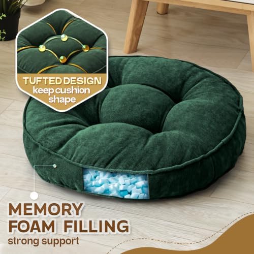 MIDDLE ONE Floor Pillow Set of 2, Memory Foam Cushion 22x22 – Round, Dark Green