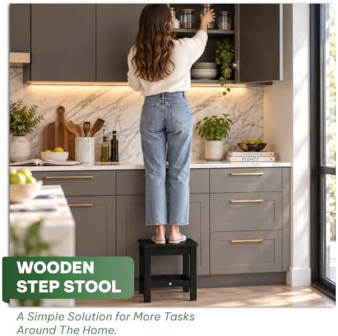 12" Wooden Step Stool, Small Wood Stool for Bathroom, Kitchen - Black