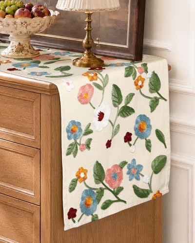 Miss Adola Embroidered Canvas Table Runner 13"x72", Botanical Style