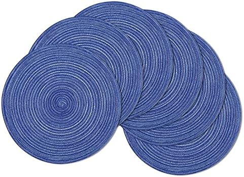 SHACOS Round Braided Placemats 15 inch Set of 6 Washable Kitchen Table Placemats for Home Wedding Party (Blue White, 6)