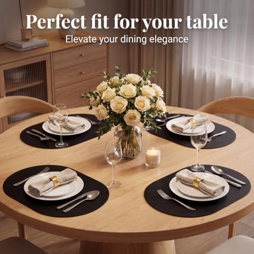 Oval Placemats Set of 4, Wipeable Faux Leather, Black