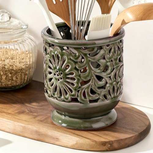 6.8" Ceramic Kitchen Utensil Holder, Utensil Crock, Green