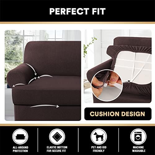 PrinceDeco T Cushion Loveseat Slipcover 3 Pieces Sofa Covers for T Cushion Sofa Stretch Slip Covers for 2 Cushion Couch with 2 Individual T Shape Seat Covers Width Up to 76"- Washable, Brown