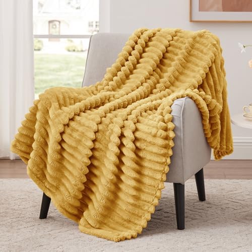 EXQ Home Stripe Twin Size Throw Blanket Mustard Yellow for Couch Soft