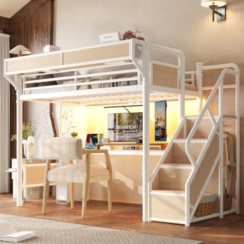 Bellemave Twin XL Metal Loft Bed with Stairs and Desk for Kids,Adult,White